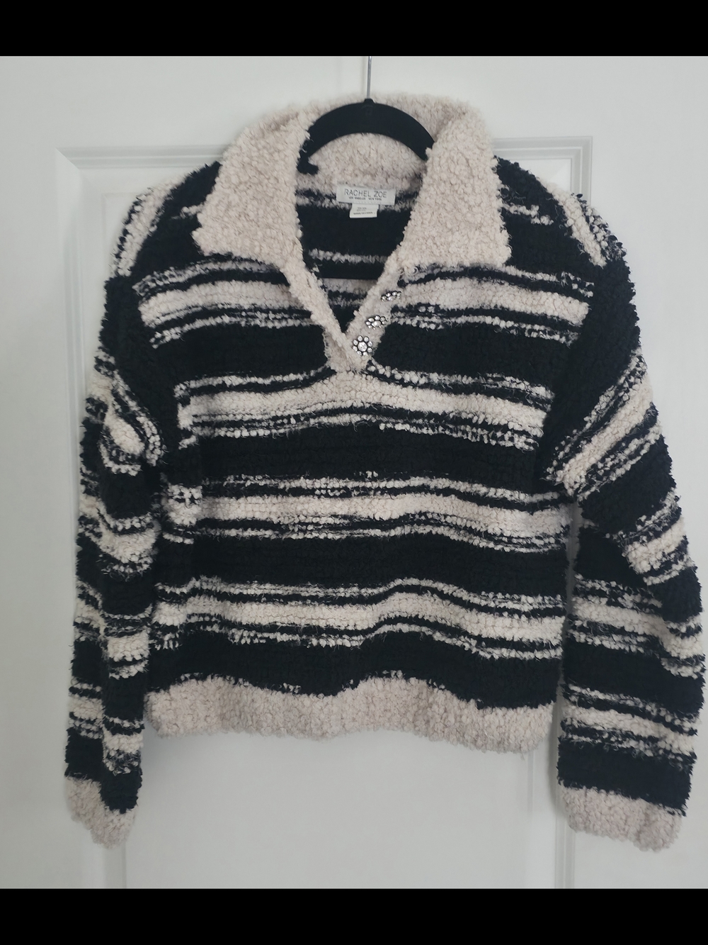 Rachel Zoe Black and Cream Striped Sherpa Pullover Sweater